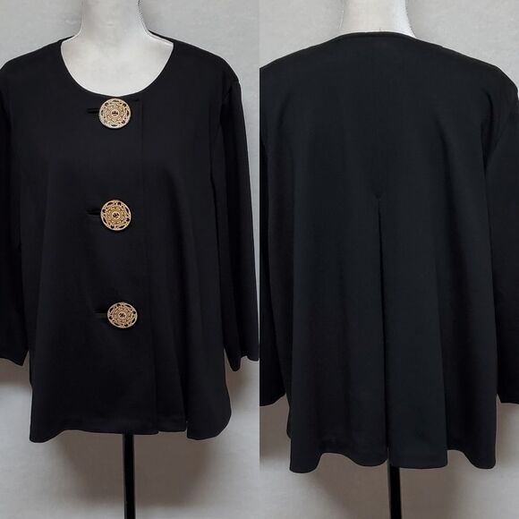 VINTAGE Black Large Button Scoop Neck Flare Sleeve Lightweight Swing Coat - Picture 1 of 10